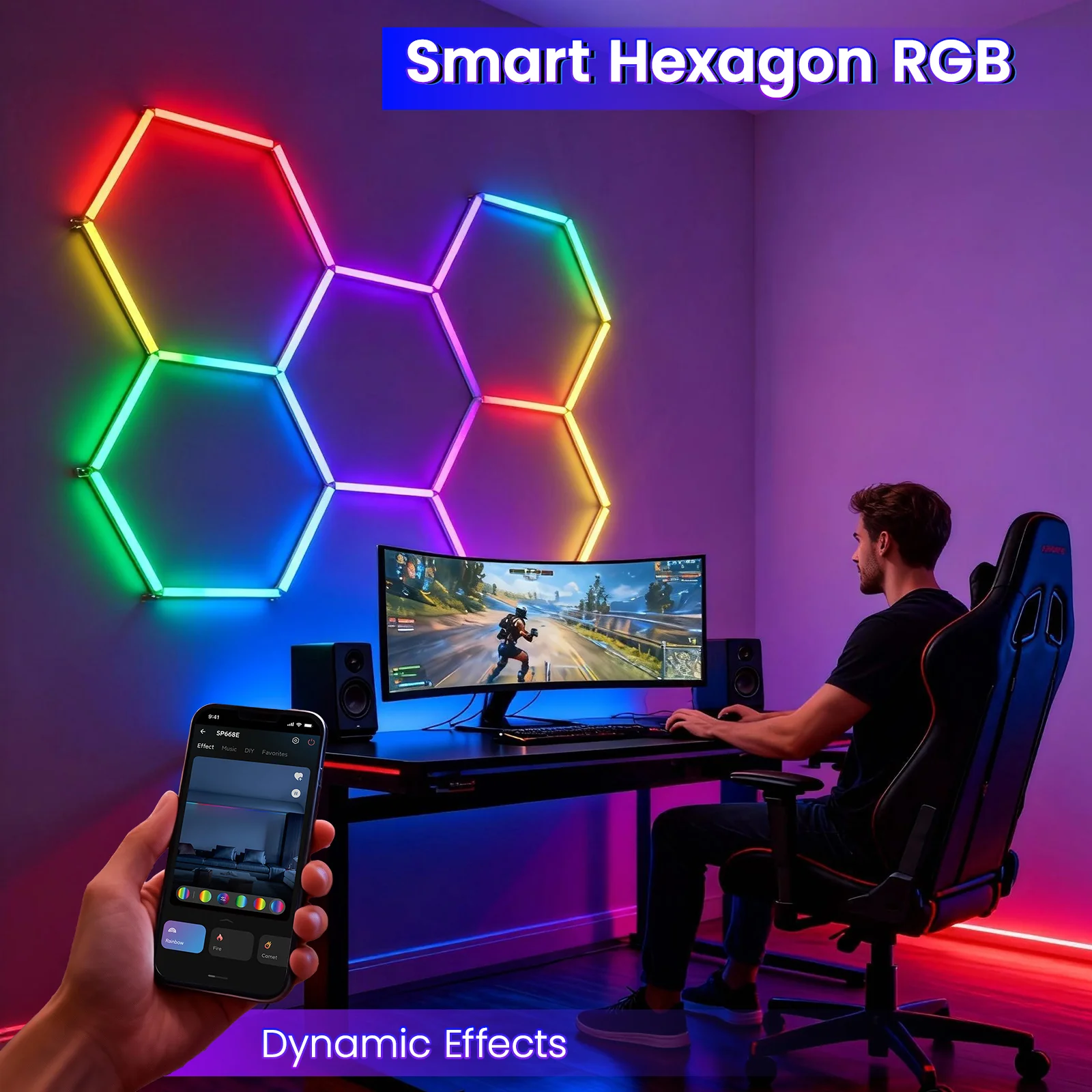 Hyperlite RGB Gradient Hexagon Garage Lights Gen Ⅲ - 5 Grid (7.3 x 5.1 ft) - Image 4