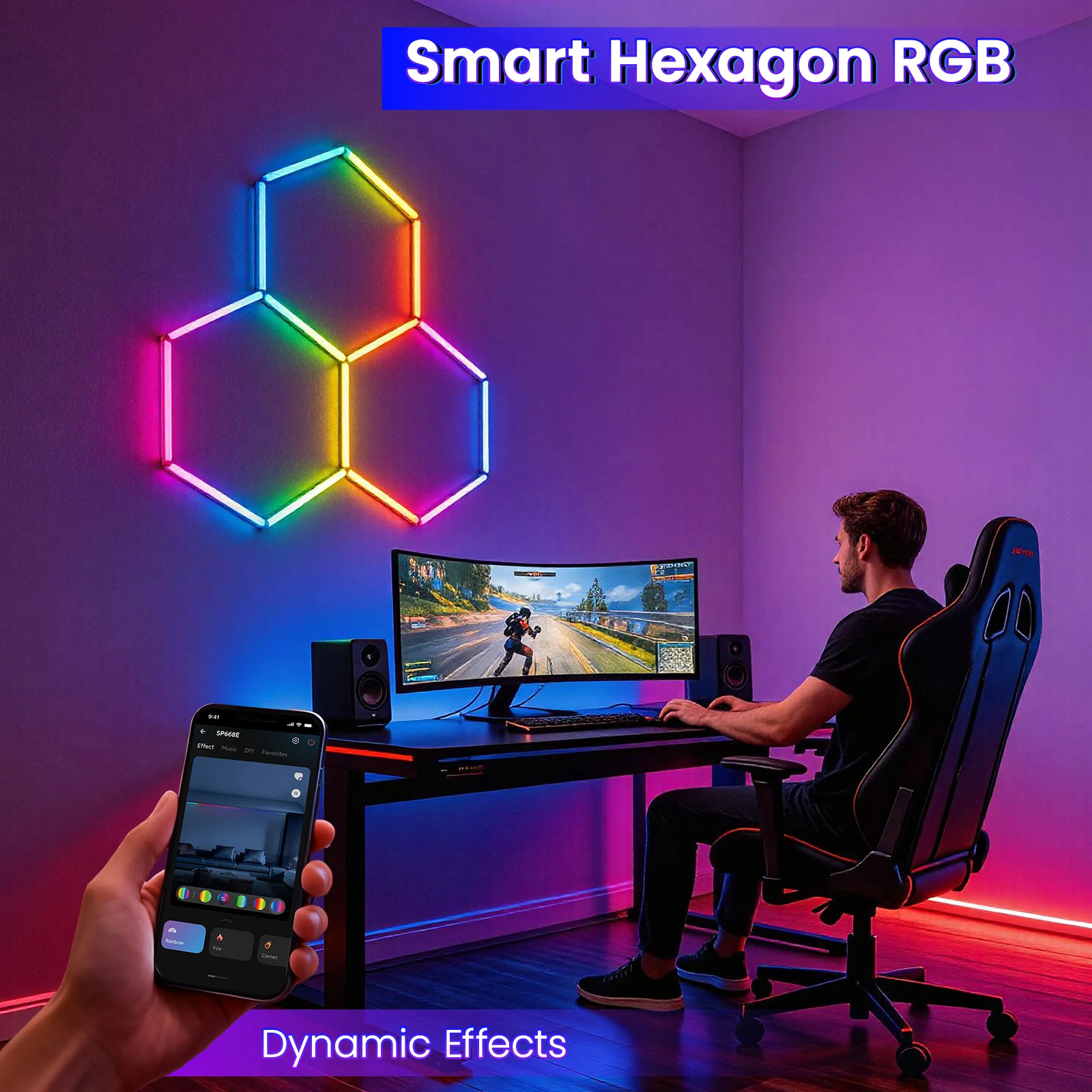 Hyperlite RGB Gradient Hexagon Garage Lights Gen IV - 3 Grid (5.1 x 5.0 ft) - Image 4