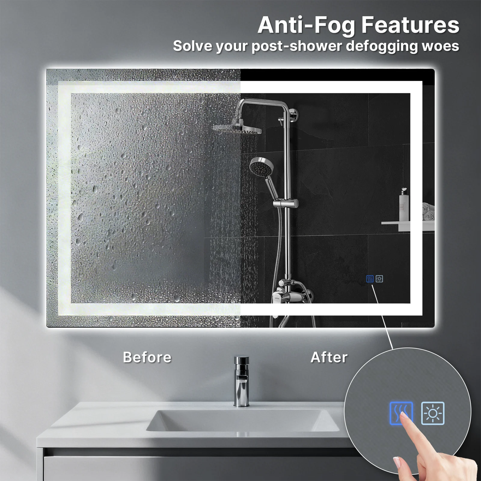 LED Bathroom Mirror, Anti-Fog, Dimmable, Backlit + Front Lit, Memory Function - Image 6