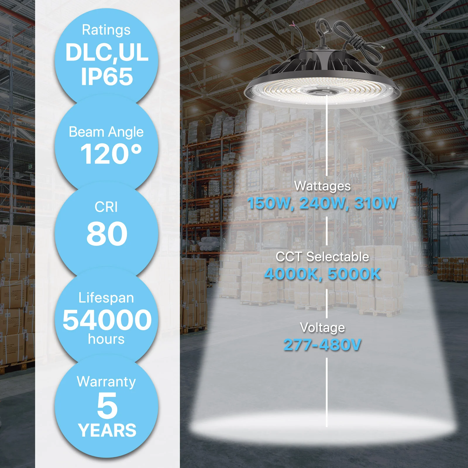 LED High Bay Light - HBF Series , 23100lumens, Selectable Wattage, 5000K, 277-480V - Image 3
