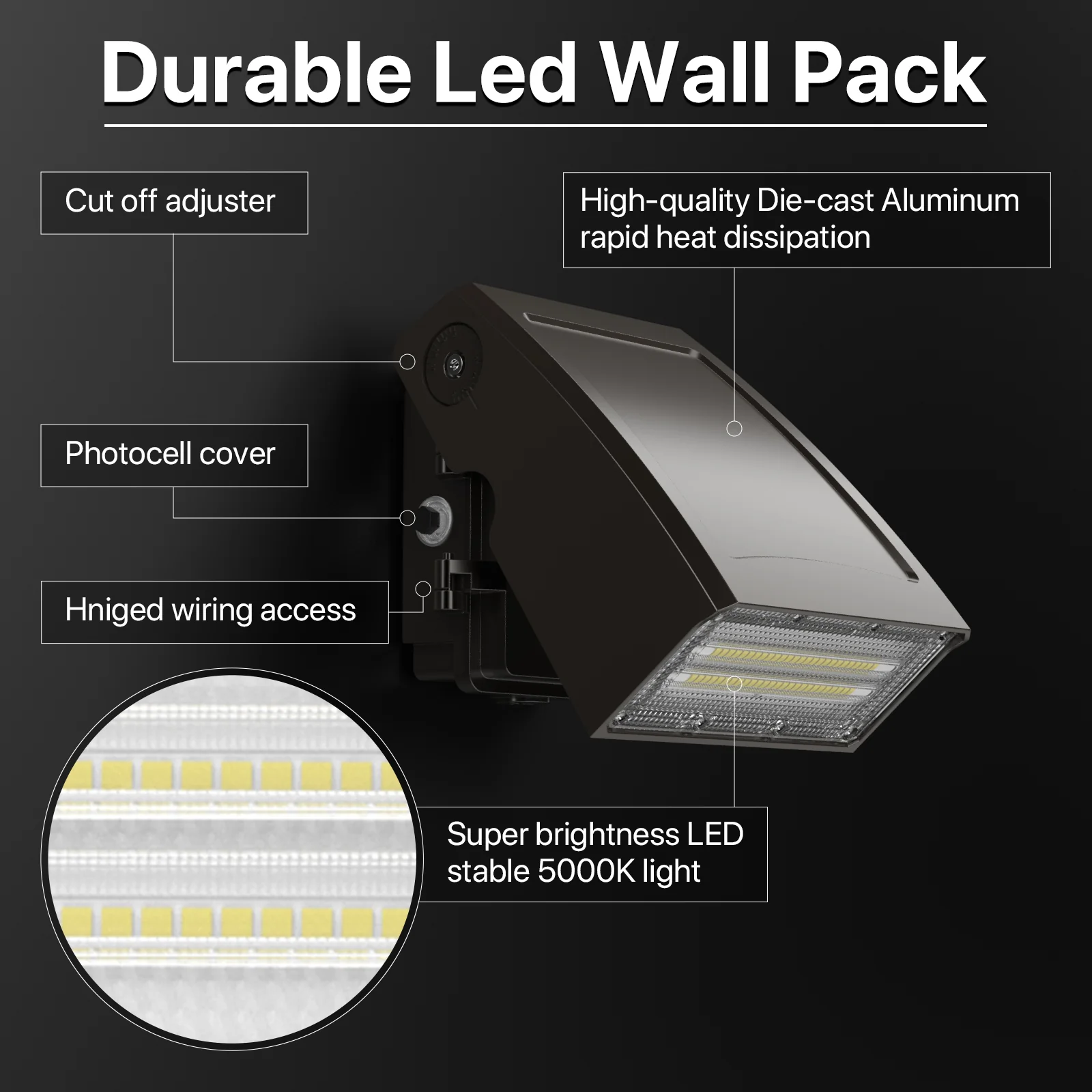 Wall Pack Light - Wall E series, 5200lumens, 5000K, AC 100-277V, Optional Dusk to Dawn - Image 4